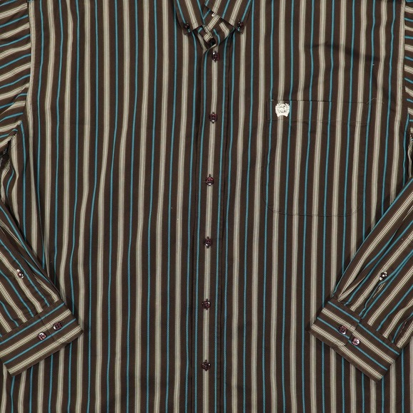 Cinch Shirt Mens Large Brown Blue Striped Western Button Front Cotton Casual - Picture 2 of 8